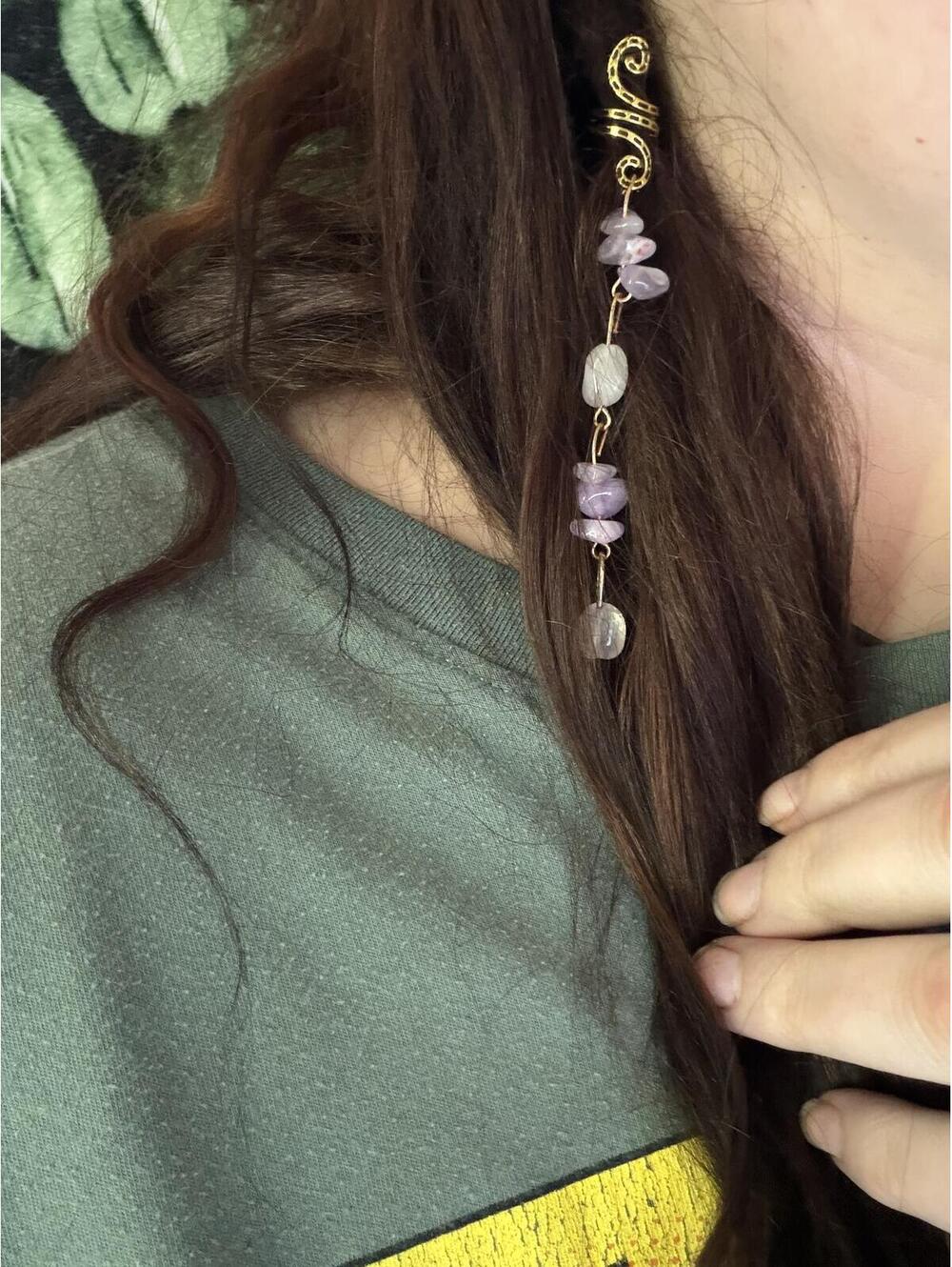 Handcrafted Gold Spiral Hair Wrap with Amethyst and White Stone Beads